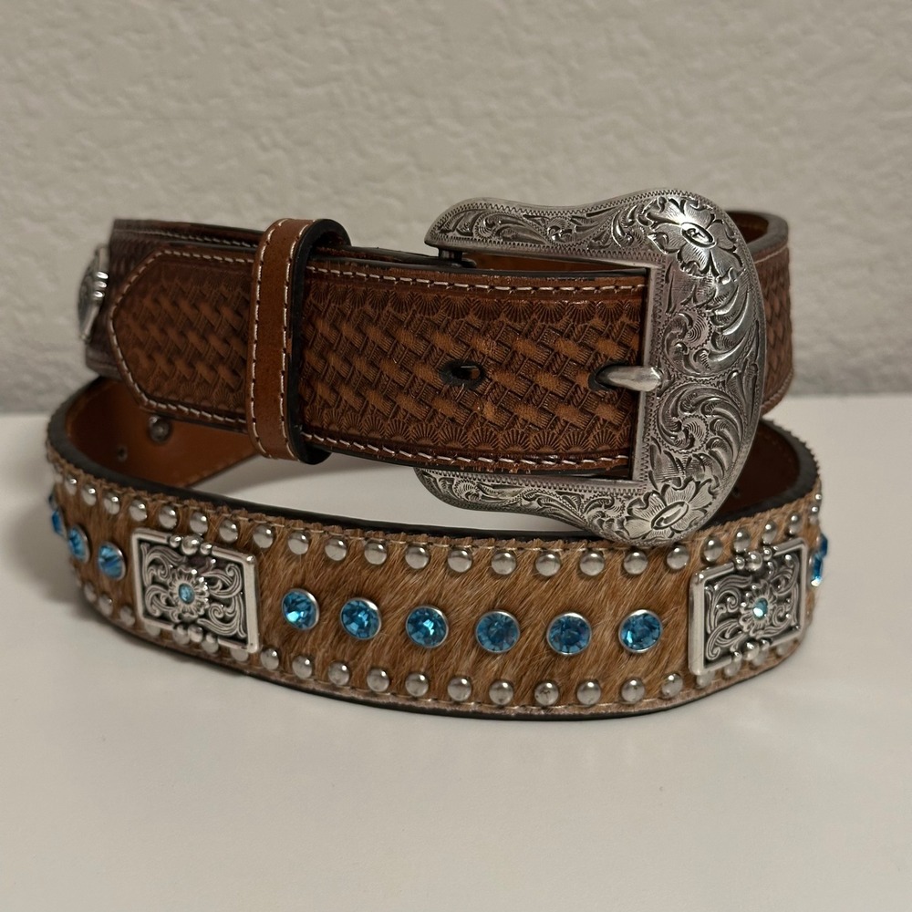 Nocona Mens 38 Western Calf Hair Leather Belt Blue Rhinestones Conchos N2442148